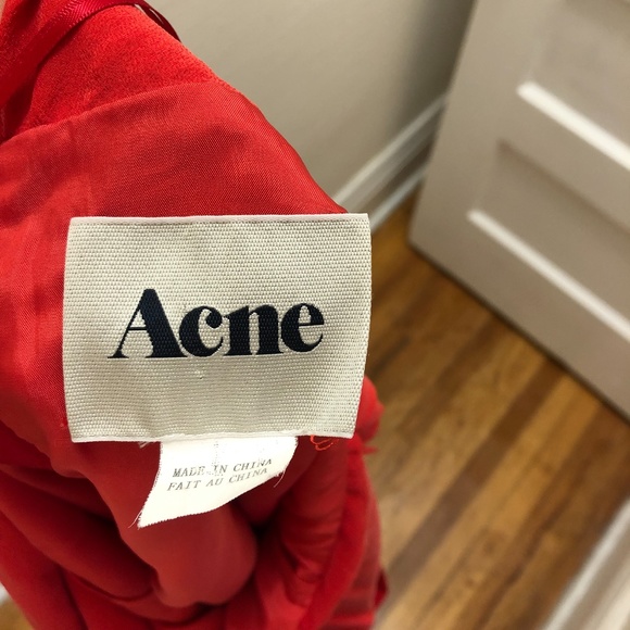 Raw Silk Red Acne Dress - One Shoulder - Size 34 - Picture 4 of 11